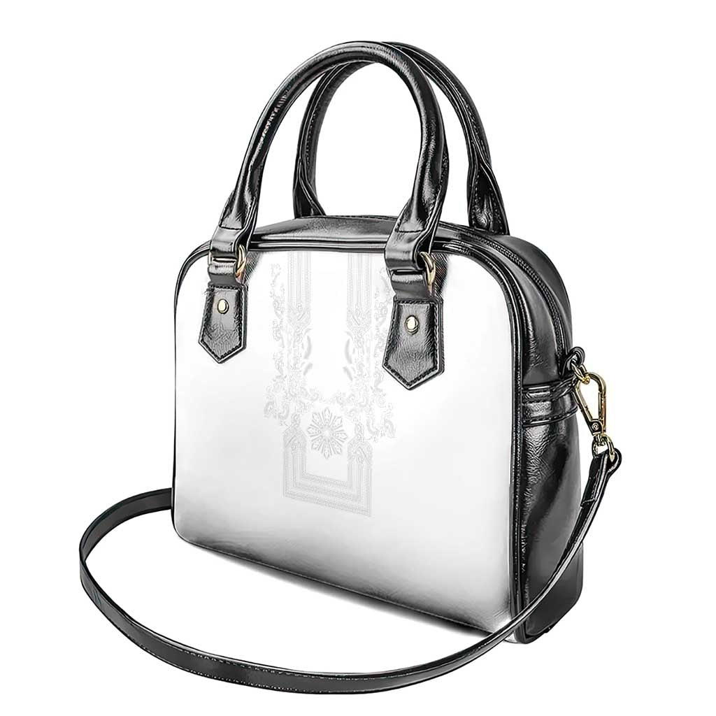 Philippines Barong Style Shoulder Handbag with Polynesian Art and Leaf Motif White Color