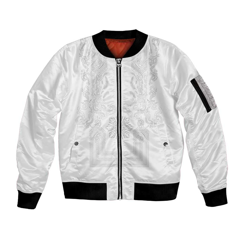 Philippines Barong Style Sleeve Zip Bomber Jacket with Polynesian Art and Leaf Motif White Color