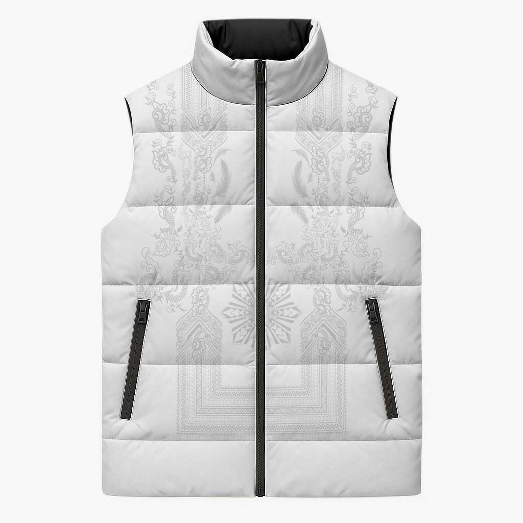 Philippines Barong Style Sleeveless Puffer Jacket with Polynesian Art and Leaf Motif White Color