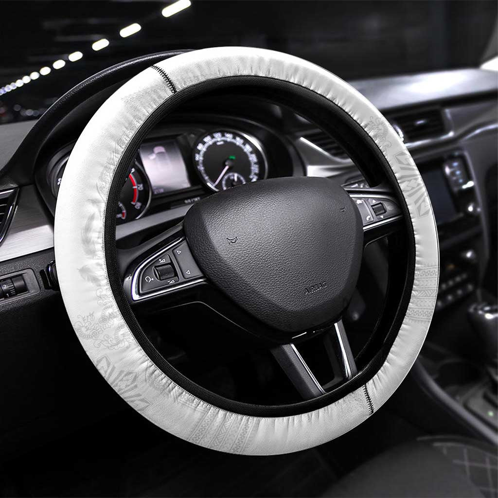 Philippines Barong Style Steering Wheel Cover with Polynesian Art and Leaf Motif White Color