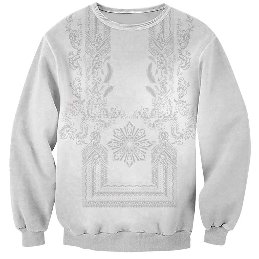 Philippines Barong Style Sweatshirt with Polynesian Art and Leaf Motif White Color