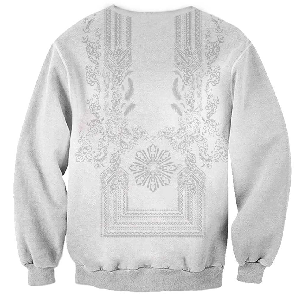 Philippines Barong Style Sweatshirt with Polynesian Art and Leaf Motif White Color