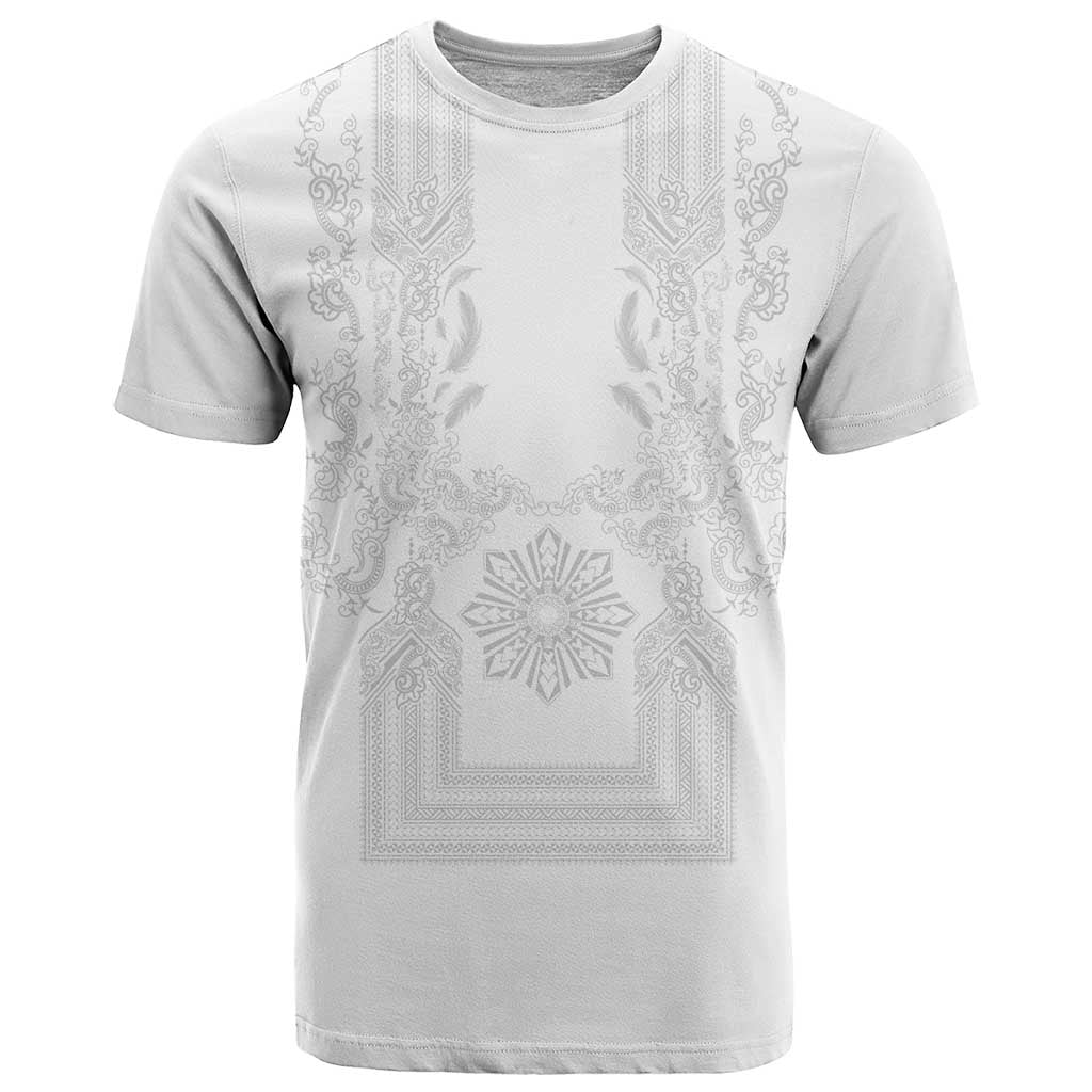 Philippines Barong Style T Shirt with Polynesian Art and Leaf Motif White Color