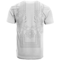 Philippines Barong Style T Shirt with Polynesian Art and Leaf Motif White Color