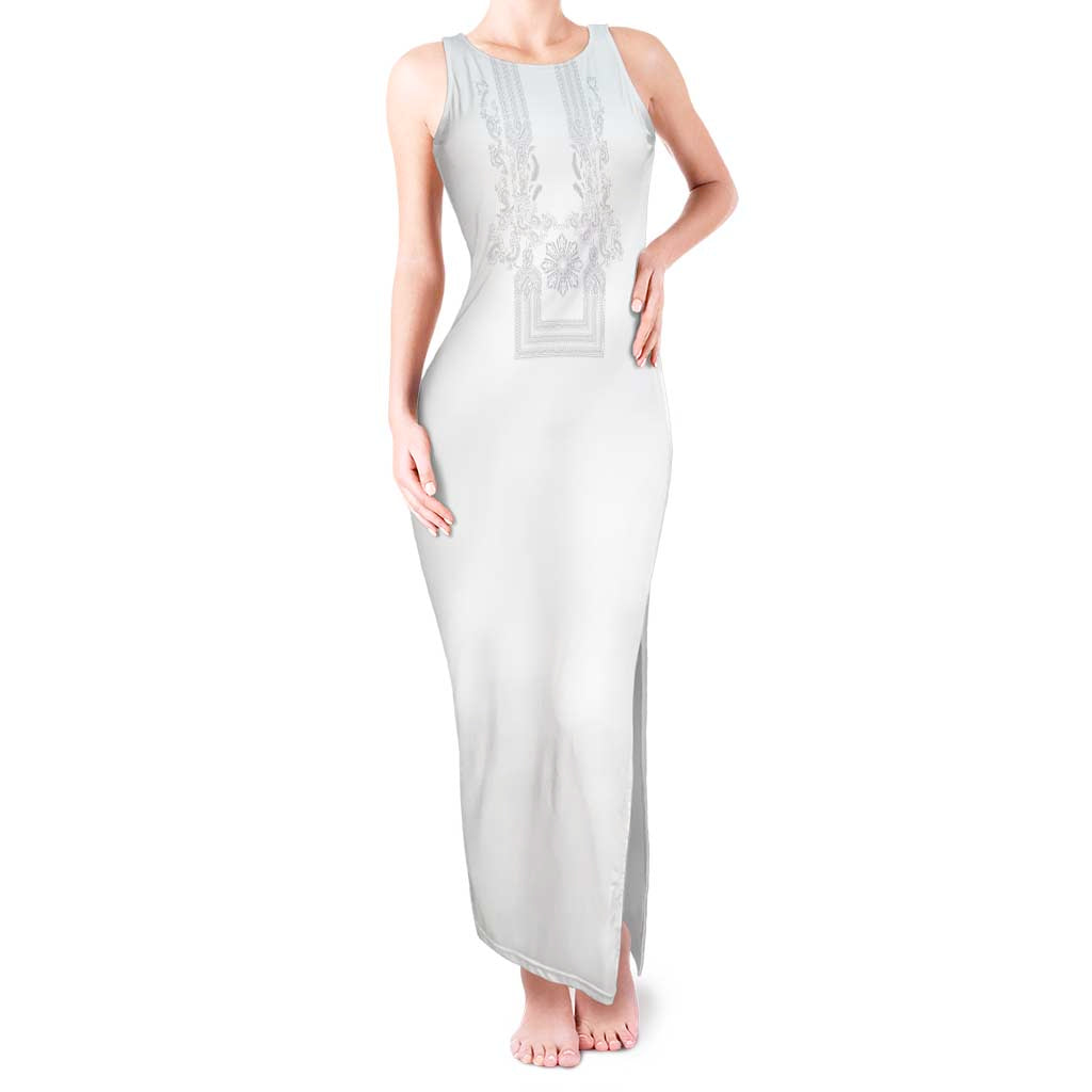 Philippines Barong Style Tank Maxi Dress with Polynesian Art and Leaf Motif White Color