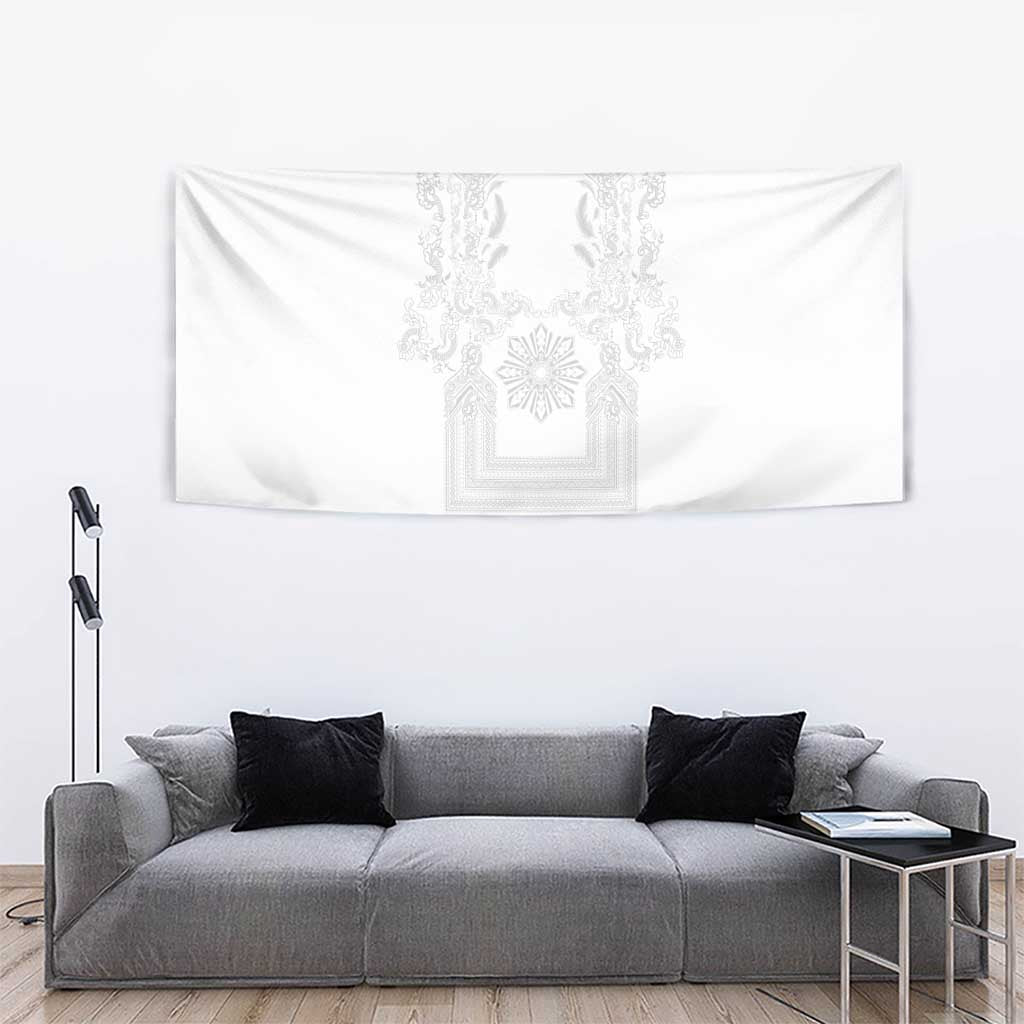 Philippines Barong Style Tapestry with Polynesian Art and Leaf Motif White Color