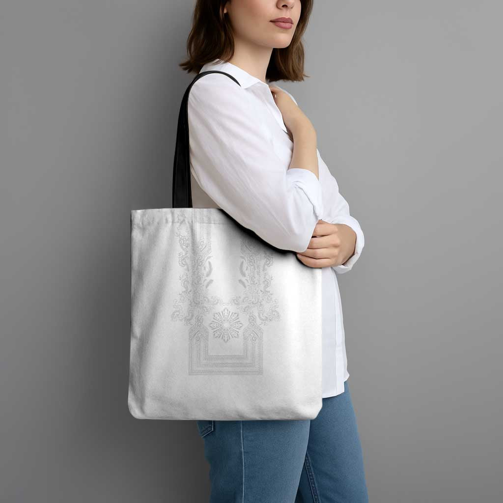 Philippines Barong Style Tote Bag with Polynesian Art and Leaf Motif White Color