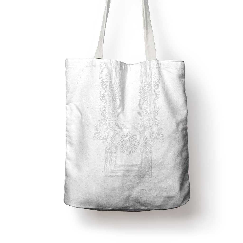 Philippines Barong Style Tote Bag with Polynesian Art and Leaf Motif White Color