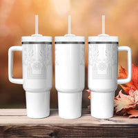 Philippines Barong Style Tumbler With Handle with Polynesian Art and Leaf Motif White Color