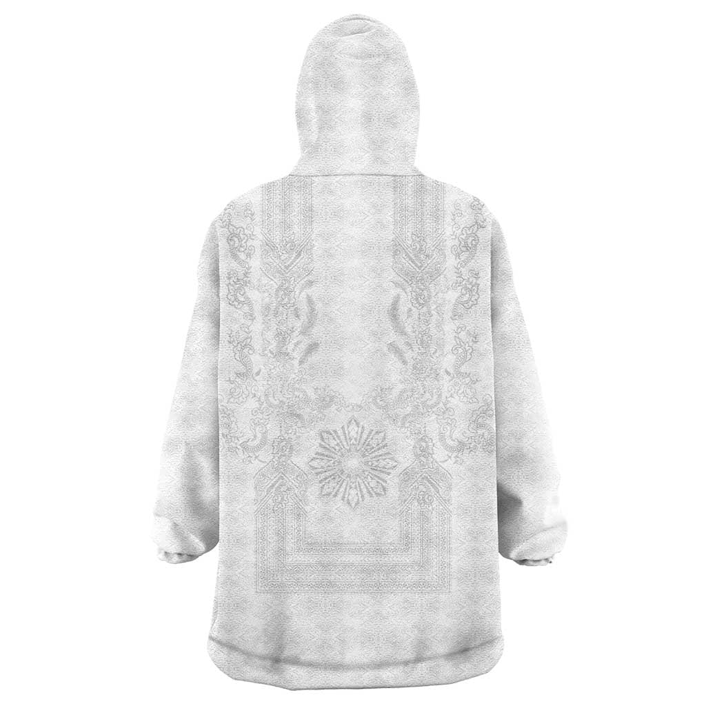 Philippines Barong Style Wearable Blanket Hoodie with Polynesian Art and Leaf Motif White Color