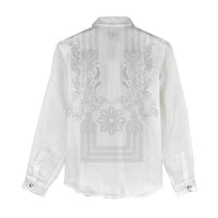 Philippines Barong Style Women Casual Shirt with Polynesian Art and Leaf Motif White Color