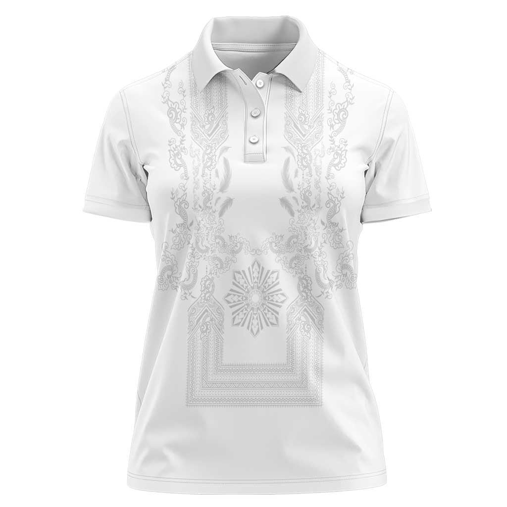 Philippines Barong Style Women Polo Shirt with Polynesian Art and Leaf Motif White Color