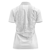 Philippines Barong Style Women Polo Shirt with Polynesian Art and Leaf Motif White Color