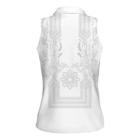 Philippines Barong Style Women Sleeveless Polo Shirt with Polynesian Art and Leaf Motif White Color