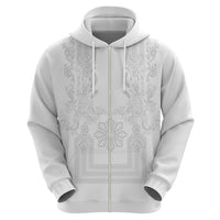 Philippines Barong Style Zip Hoodie with Polynesian Art and Leaf Motif White Color