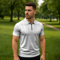 Philippines Barong Style Zipper Polo Shirt with Polynesian Art and Leaf Motif White Color