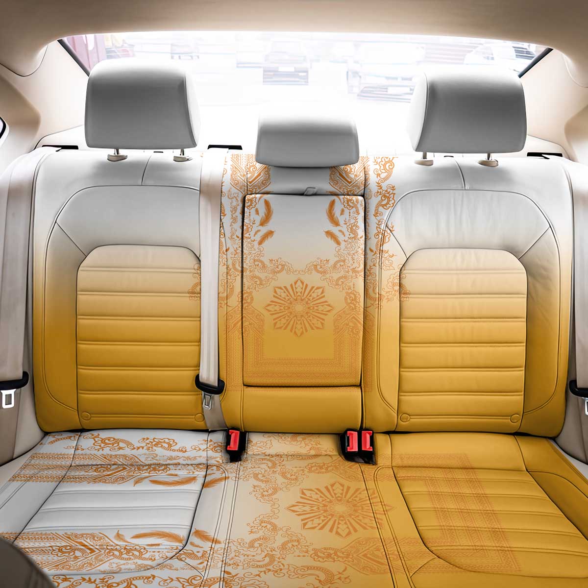 Philippines Barong Style Back Car Seat Cover with Polynesian Art and Leaf Motif Yellow Color