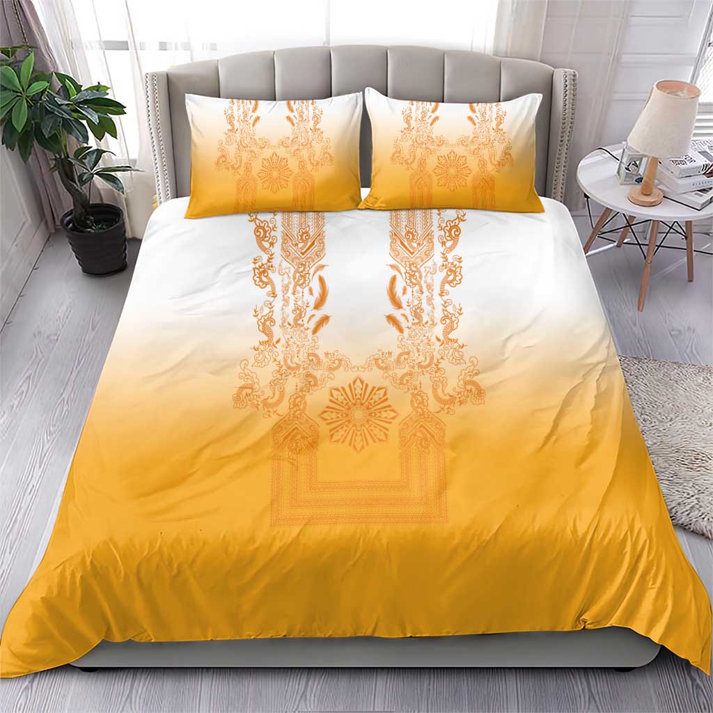 Philippines Barong Style Bedding Set with Polynesian Art and Leaf Motif Yellow Color