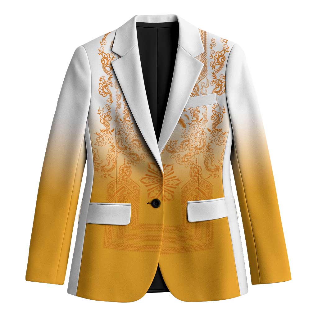 Philippines Barong Style Blazer with Polynesian Art and Leaf Motif Yellow Color
