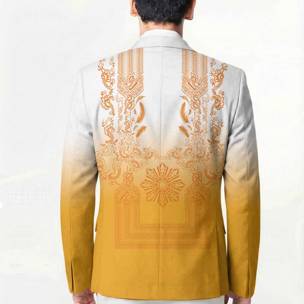 Philippines Barong Style Blazer with Polynesian Art and Leaf Motif Yellow Color