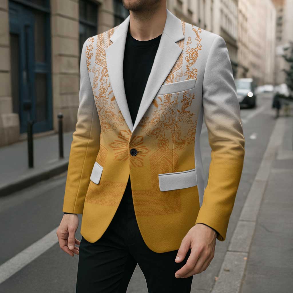 Philippines Barong Style Blazer with Polynesian Art and Leaf Motif Yellow Color