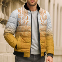 Philippines Barong Style Bomber Puffer Jacket with Polynesian Art and Leaf Motif Yellow Color