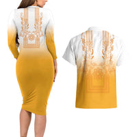 Philippines Barong Style Couples Matching Long Sleeve Bodycon Dress and Hawaiian Shirt with Polynesian Art and Leaf Motif Yellow Color LT03 - Polynesian Pride