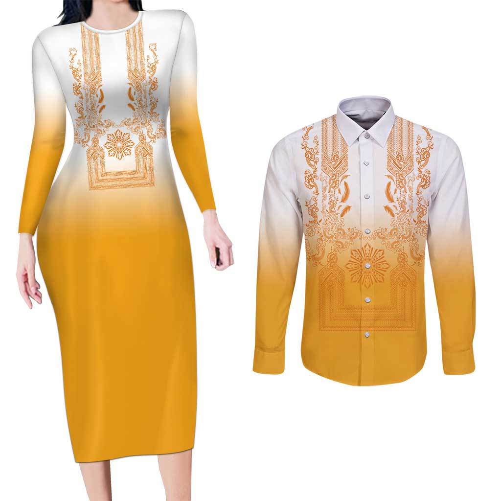 Philippines Barong Style Couples Matching Long Sleeve Bodycon Dress and Long Sleeve Button Shirt with Polynesian Art and Leaf Motif Yellow Color