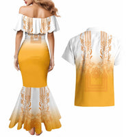 Philippines Barong Style Couples Matching Mermaid Dress and Hawaiian Shirt with Polynesian Art and Leaf Motif Yellow Color LT03 - Polynesian Pride