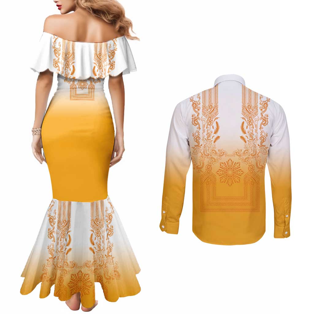 Philippines Barong Style Couples Matching Mermaid Dress and Long Sleeve Button Shirt with Polynesian Art and Leaf Motif Yellow Color LT03 - Polynesian Pride
