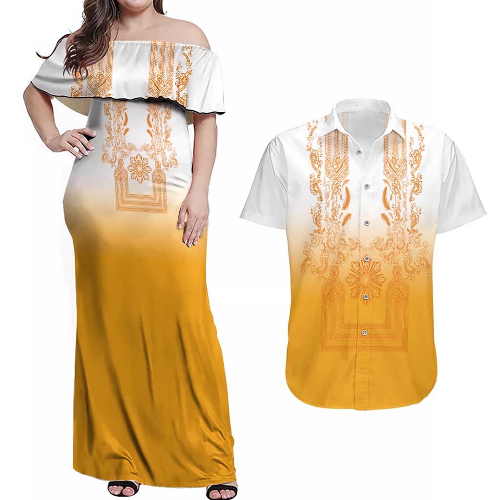 Philippines Barong Style Couples Matching Off Shoulder Maxi Dress and Hawaiian Shirt with Polynesian Art and Leaf Motif Yellow Color LT03 Yellow - Polynesian Pride