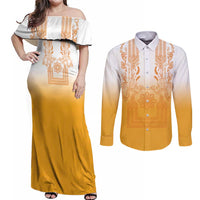 Philippines Barong Style Couples Matching Off Shoulder Maxi Dress and Long Sleeve Button Shirt with Polynesian Art and Leaf Motif Yellow Color