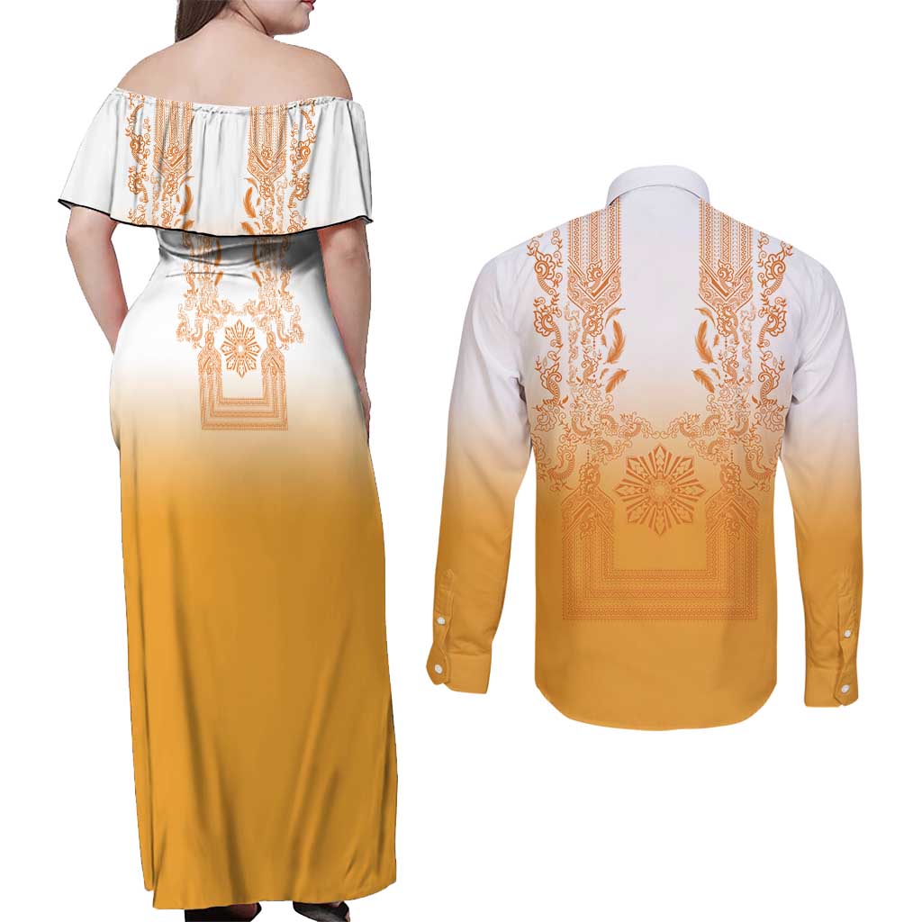 Philippines Barong Style Couples Matching Off Shoulder Maxi Dress and Long Sleeve Button Shirt with Polynesian Art and Leaf Motif Yellow Color
