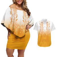 Philippines Barong Style Couples Matching Off Shoulder Short Dress and Hawaiian Shirt with Polynesian Art and Leaf Motif Yellow Color LT03 Yellow - Polynesian Pride