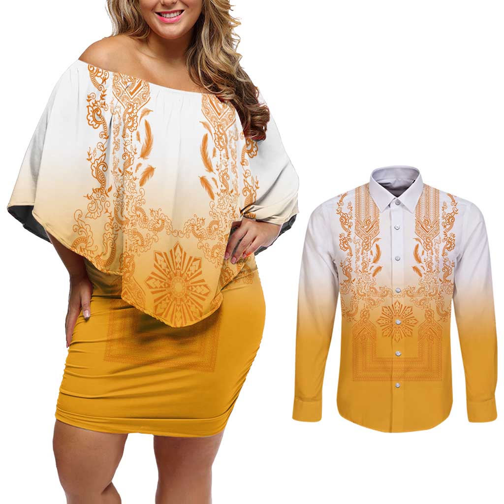 Philippines Barong Style Couples Matching Off Shoulder Short Dress and Long Sleeve Button Shirt with Polynesian Art and Leaf Motif Yellow Color