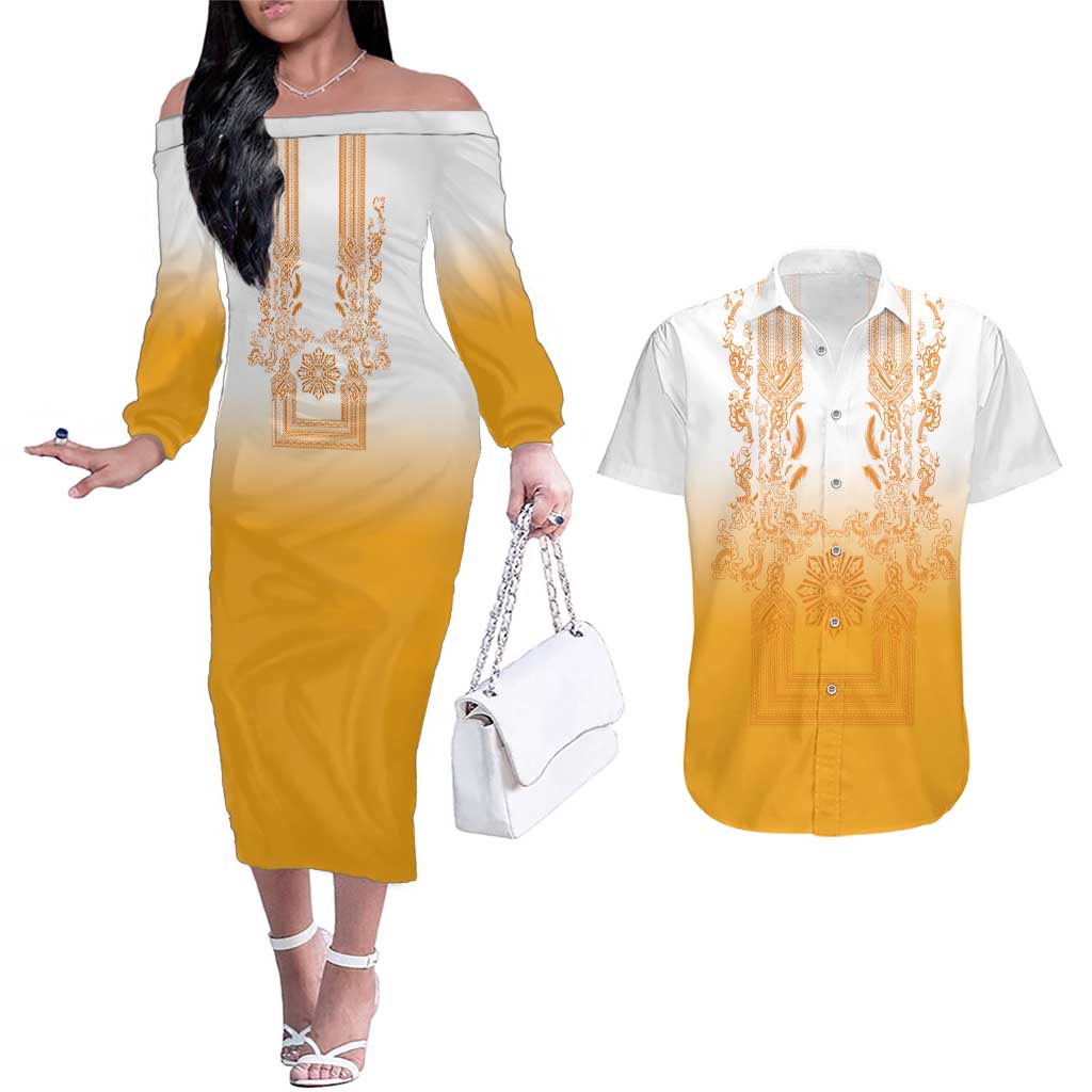Philippines Barong Style Couples Matching Off The Shoulder Long Sleeve Dress and Hawaiian Shirt with Polynesian Art and Leaf Motif Yellow Color LT03 Yellow - Polynesian Pride