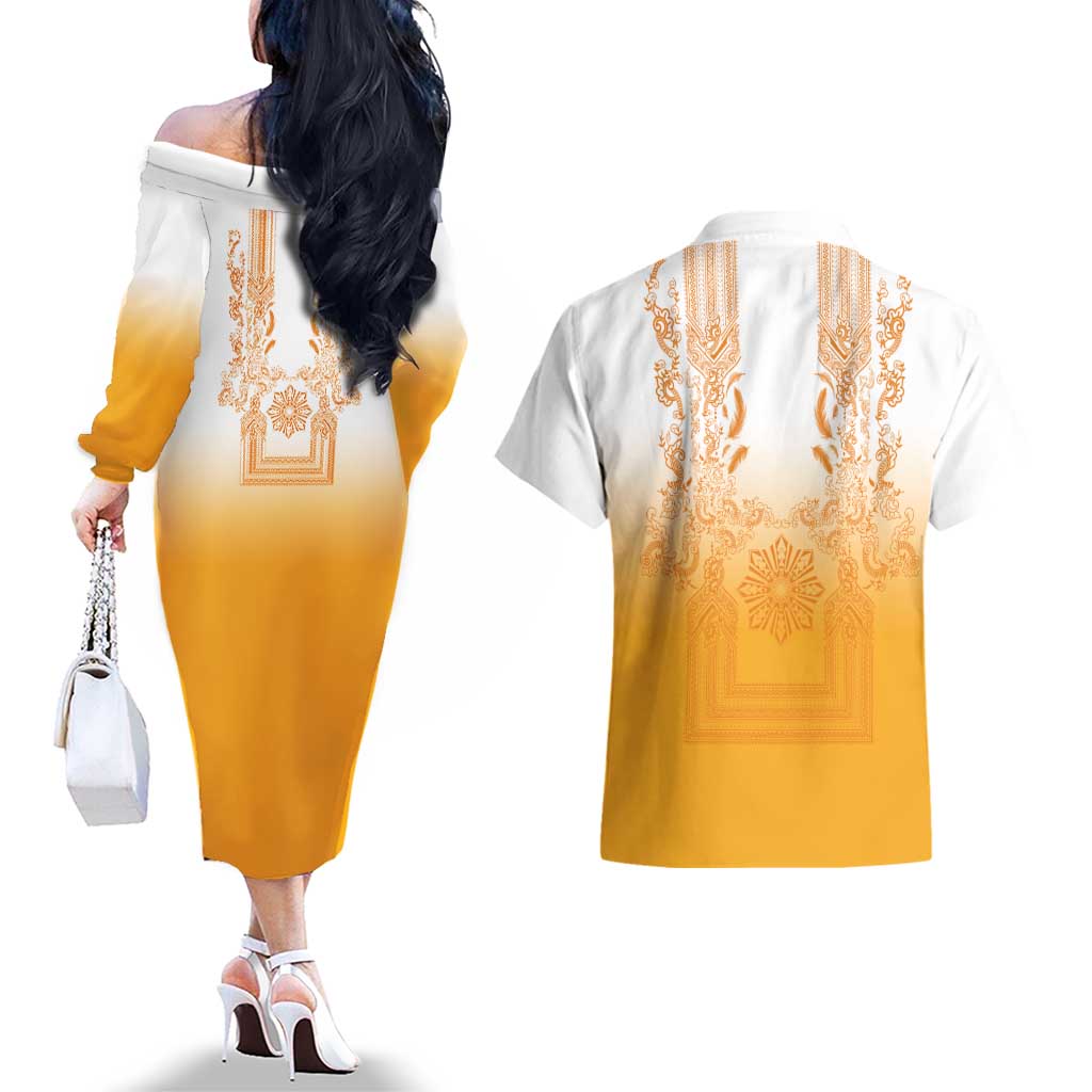 Philippines Barong Style Couples Matching Off The Shoulder Long Sleeve Dress and Hawaiian Shirt with Polynesian Art and Leaf Motif Yellow Color LT03 - Polynesian Pride