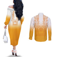 Philippines Barong Style Couples Matching Off The Shoulder Long Sleeve Dress and Long Sleeve Button Shirt with Polynesian Art and Leaf Motif Yellow Color LT03 - Polynesian Pride