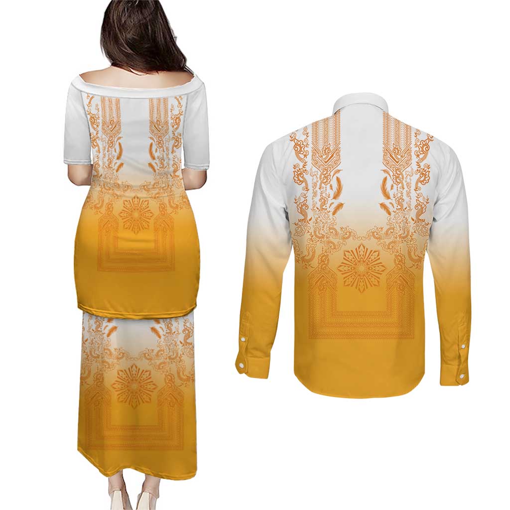 Philippines Barong Style Couples Matching Puletasi and Long Sleeve Button Shirt with Polynesian Art and Leaf Motif Yellow Color