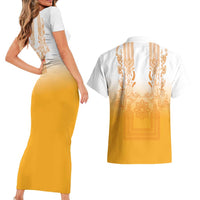Philippines Barong Style Couples Matching Short Sleeve Bodycon Dress and Hawaiian Shirt with Polynesian Art and Leaf Motif Yellow Color LT03 - Polynesian Pride