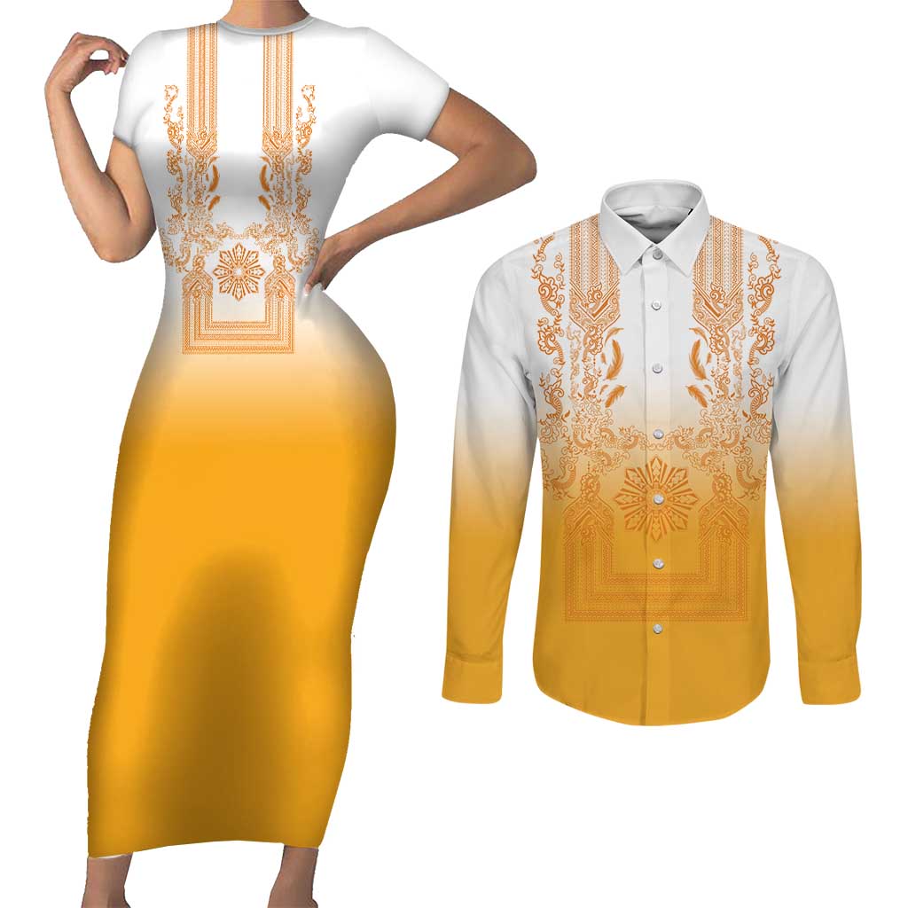 Philippines Barong Style Couples Matching Short Sleeve Bodycon Dress and Long Sleeve Button Shirt with Polynesian Art and Leaf Motif Yellow Color LT03 Yellow - Polynesian Pride