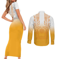 Philippines Barong Style Couples Matching Short Sleeve Bodycon Dress and Long Sleeve Button Shirt with Polynesian Art and Leaf Motif Yellow Color LT03 - Polynesian Pride