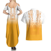 Philippines Barong Style Couples Matching Summer Maxi Dress and Hawaiian Shirt with Polynesian Art and Leaf Motif Yellow Color LT03 - Polynesian Pride