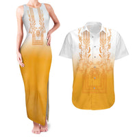 Philippines Barong Style Couples Matching Tank Maxi Dress and Hawaiian Shirt with Polynesian Art and Leaf Motif Yellow Color LT03 Yellow - Polynesian Pride
