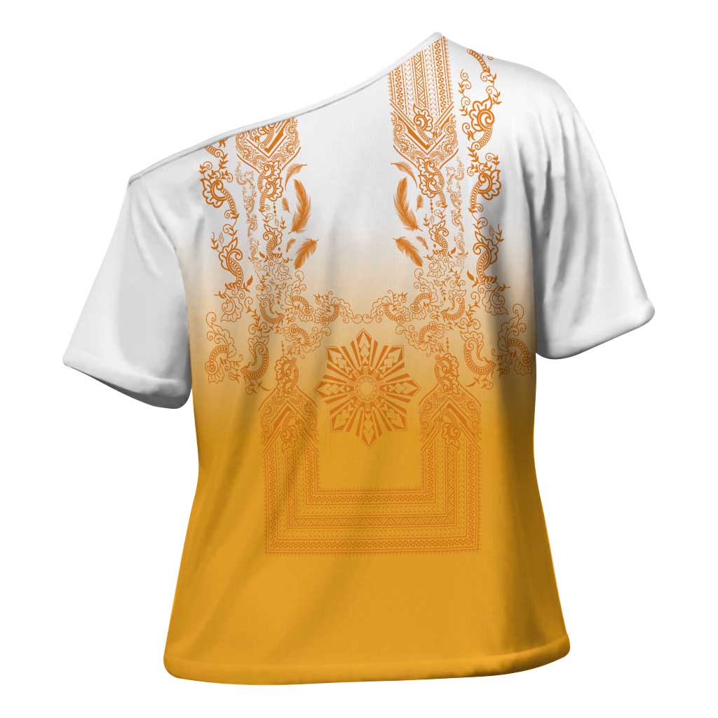 Philippines Barong Style Cross Shoulder Shirt with Polynesian Art and Leaf Motif Yellow Color
