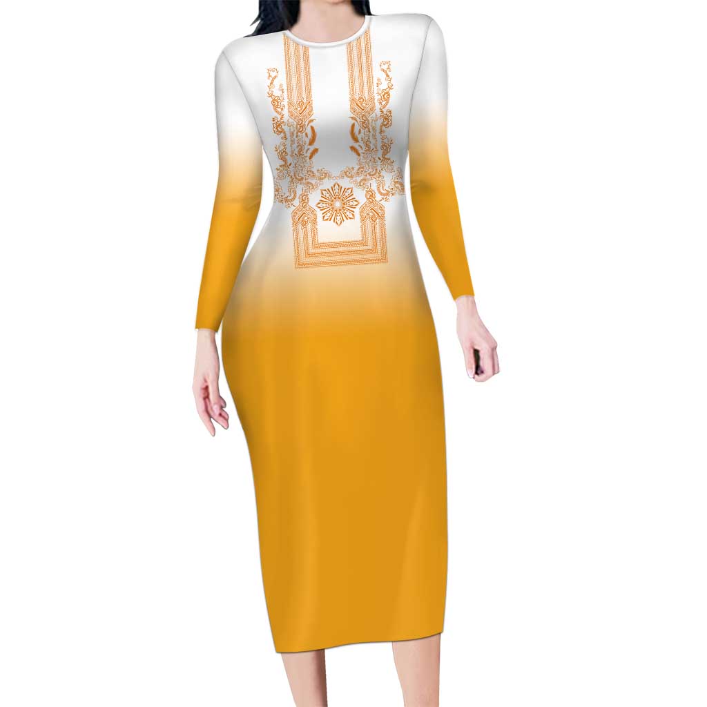 Philippines Barong Style Family Matching Long Sleeve Bodycon Dress and Hawaiian Shirt with Polynesian Art and Leaf Motif Yellow Color LT03 Mom's Dress Yellow - Polynesian Pride