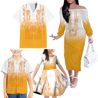 Philippines Barong Style Family Matching Off The Shoulder Long Sleeve Dress and Hawaiian Shirt with Polynesian Art and Leaf Motif Yellow Color LT03 - Polynesian Pride