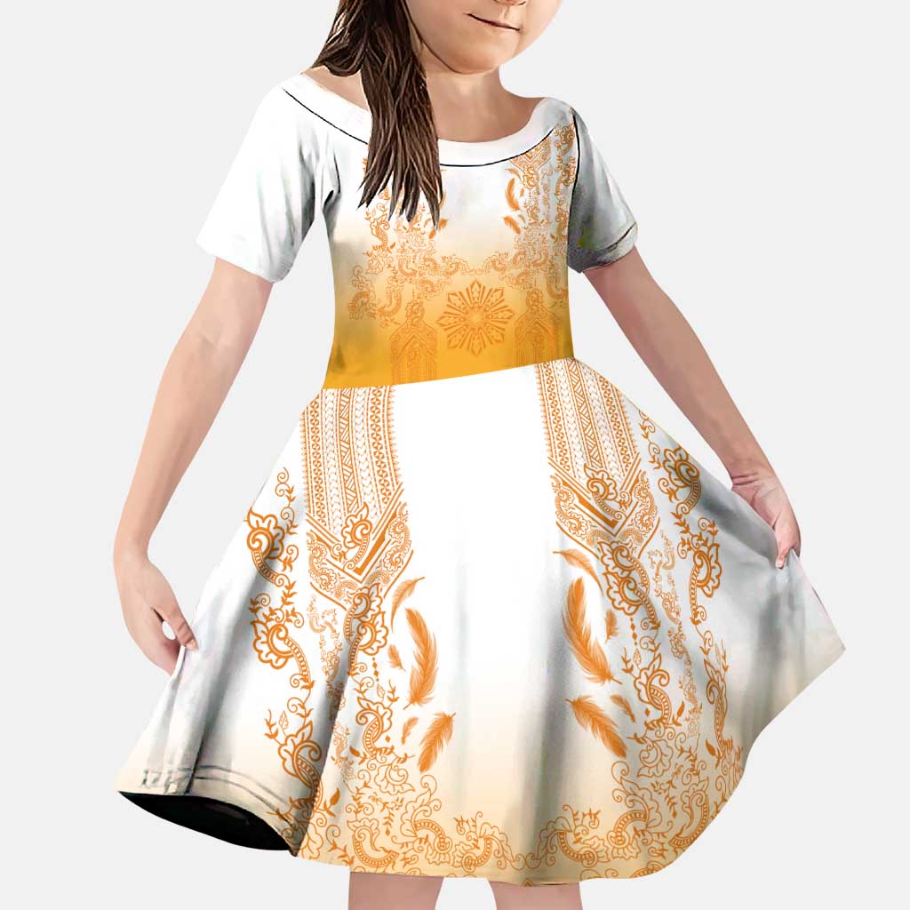 Philippines Barong Style Family Matching Off Shoulder Maxi Dress and Hawaiian Shirt with Polynesian Art and Leaf Motif Yellow Color LT03 Daughter's Dress Yellow - Polynesian Pride