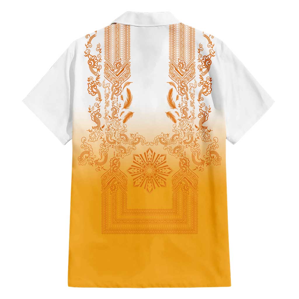Philippines Barong Style Family Matching Off Shoulder Maxi Dress and Hawaiian Shirt with Polynesian Art and Leaf Motif Yellow Color LT03 - Polynesian Pride