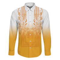 Philippines Barong Style Family Matching Off Shoulder Maxi Dress and Hawaiian Shirt with Polynesian Art and Leaf Motif Yellow Color LT03 Dad's Shirt - Long Sleeve Yellow - Polynesian Pride